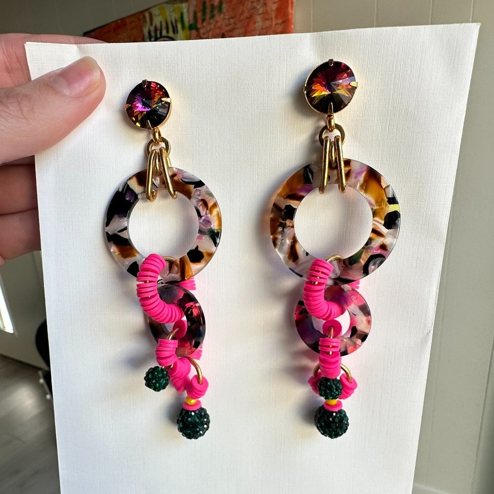 Elizabeth Cole Multicolor Tortoise and Hot Pink Statement Chandelier Earrings